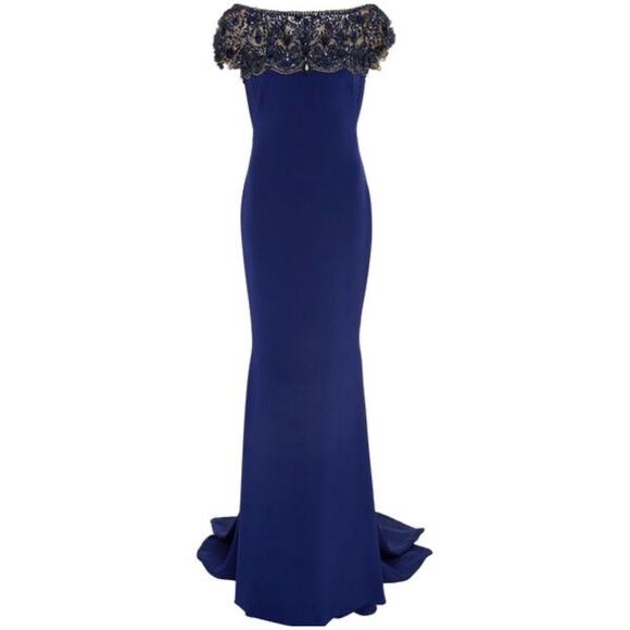 Marchesa Royal Blue Jeweled Bodice Scalloped Off Shoulder Gown Size 14 - Picture 1 of 15